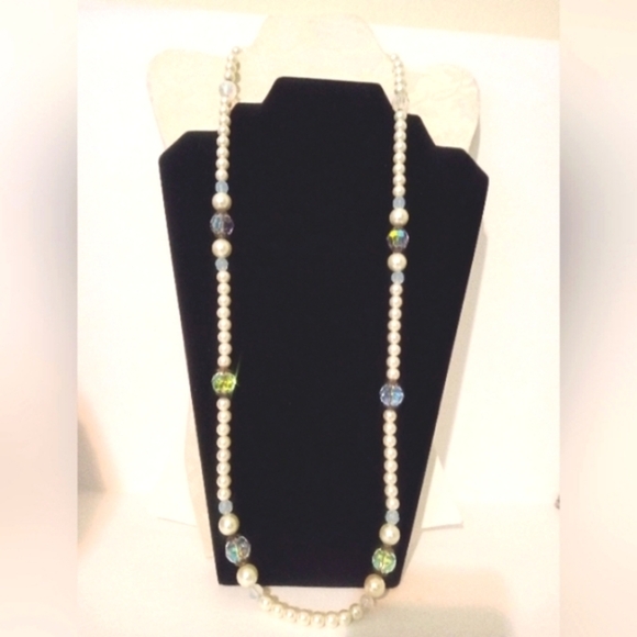 Faux Pearl And Aurora Borealis Crystal Necklace Long 34" Vintage Style - Picture 4 of 5